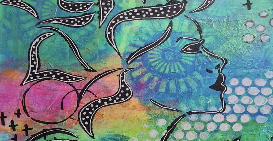 mix media art journal page using bright acrylicpaints,. abstract stencils