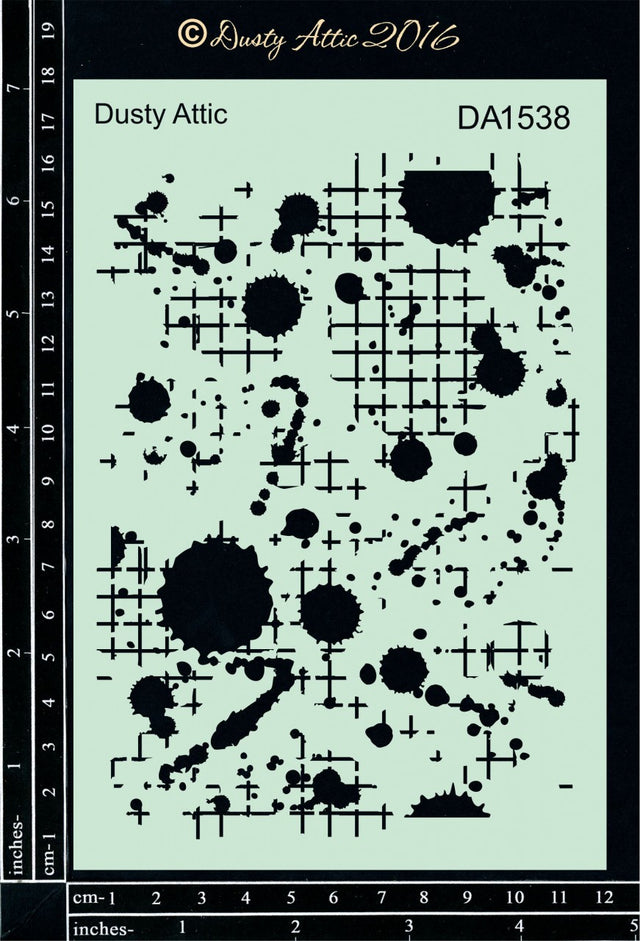 Dusty Attic DA1538 stencil featuring broken grid lines, scattered dots and paint-splatter shapes