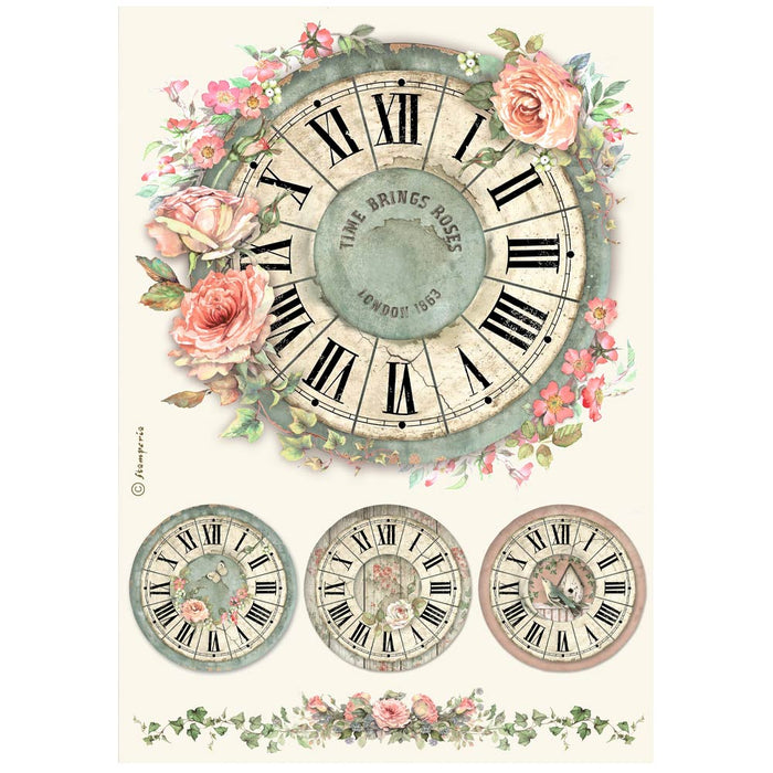 Stamperia - Rice Paper - House of Roses -Clocks