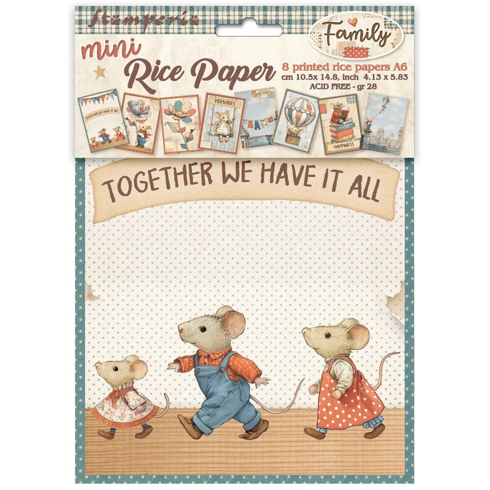 Stamperia Family Mini Rice Paper A6 pack with eight printed sheets