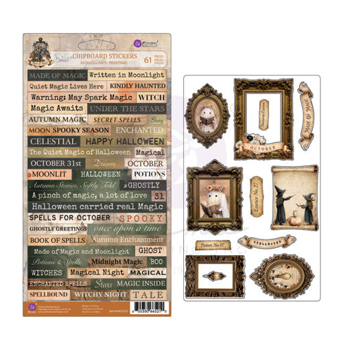Prima Made of Magic 61-piece chipboard sticker set with Halloween phrases, ornate frames, black cats, crow and vintage magical designs