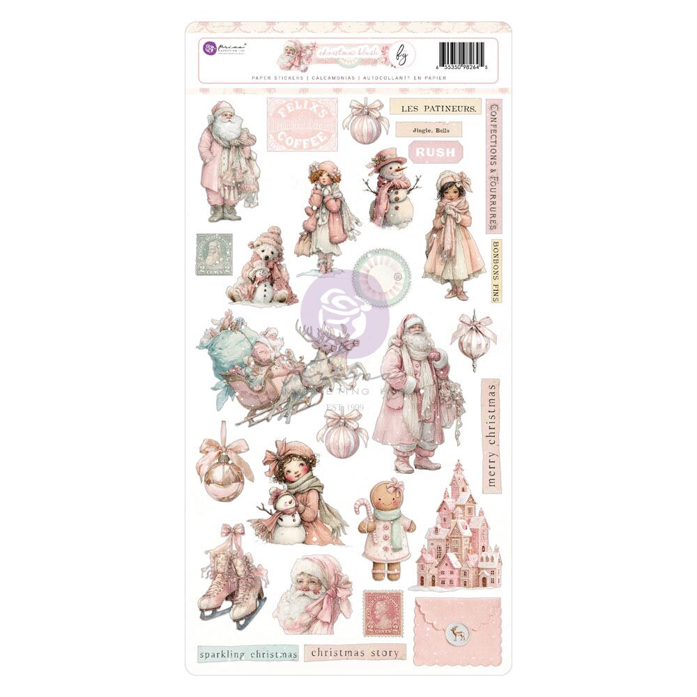 Prima Frank Garcia Christmas Blush paper stickers with Santa, children, snowmen, sleigh, castle, skates and festive phrases