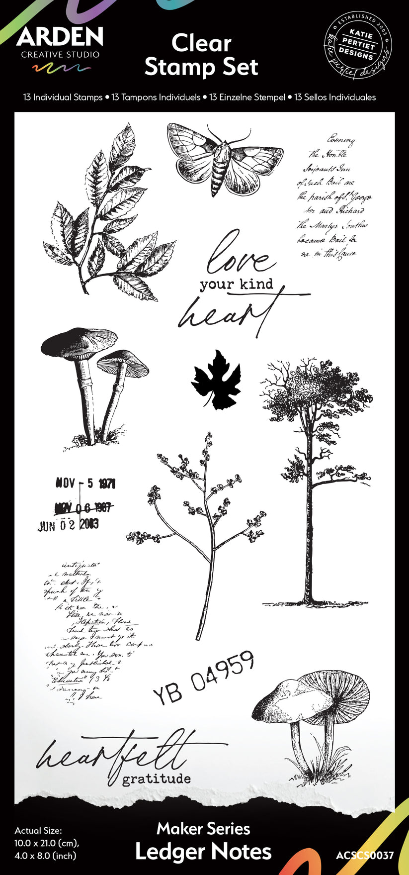 Arden Creative Studio Maker Series Ledger Notes clear stamp set with 13 botanical, handwritten and ledger-style stamps