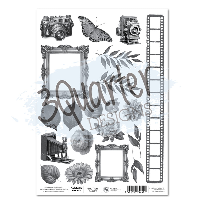 3Quarter Designs Shutter Glam Acetate Sheet ACS011 – monochrome cut-apart elements including vintage cameras, ornate frames, florals, butterfly and film strip