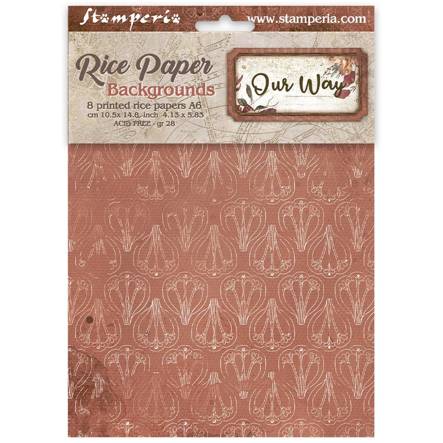 Stamperia Our Way A6 rice paper backgrounds with a vintage botanical pattern