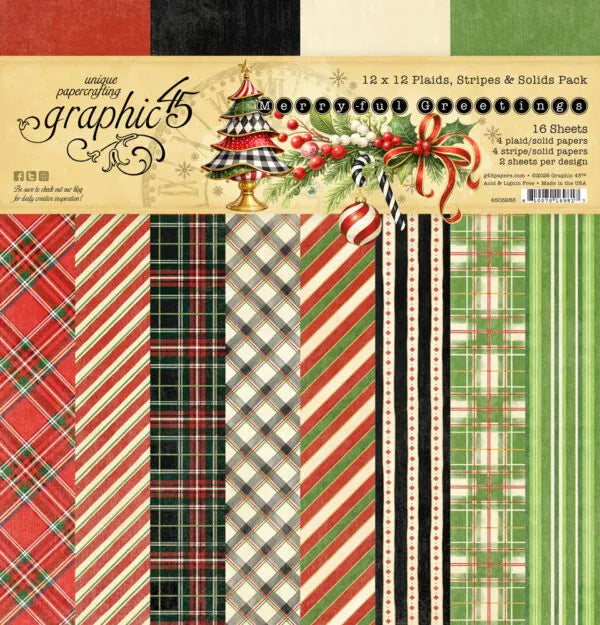 Graphic 45 Merry-ful Greetings Plaids, Stripes and Solid pack