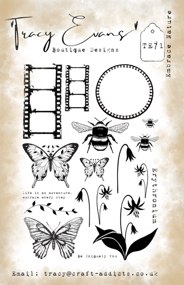 Tracy Evans Boutique Designs TE71 Embrace Nature stamp set featuring butterflies, bees, flowers, filmstrip frames and sentiments