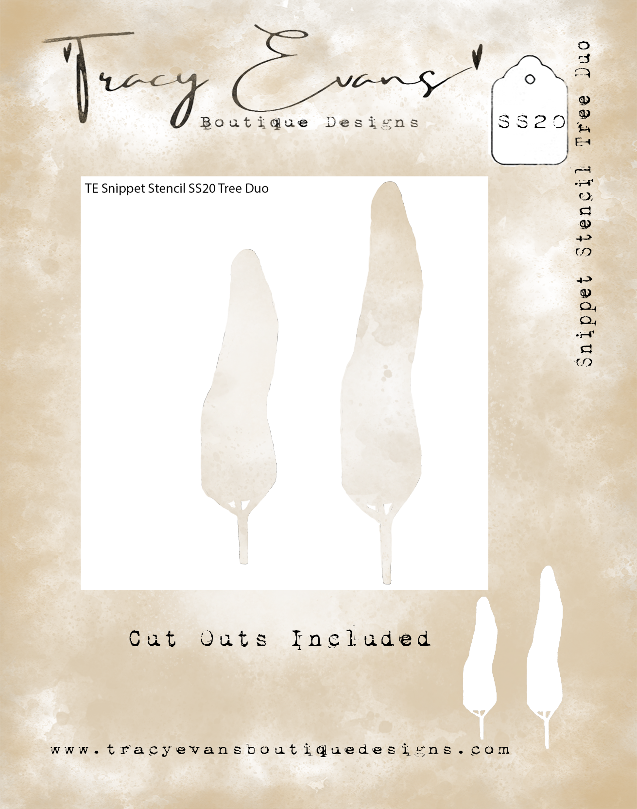 Tracy Evans Snippet Stencil "Tree Duo" 4 x 4 inches *Cut Out Included”