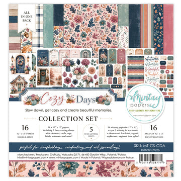 Mintay Cozy Days 12 x 12 Collection Set packaging showing pink and teal floral papers, coordinating patterns and cosy home-inspired designs.