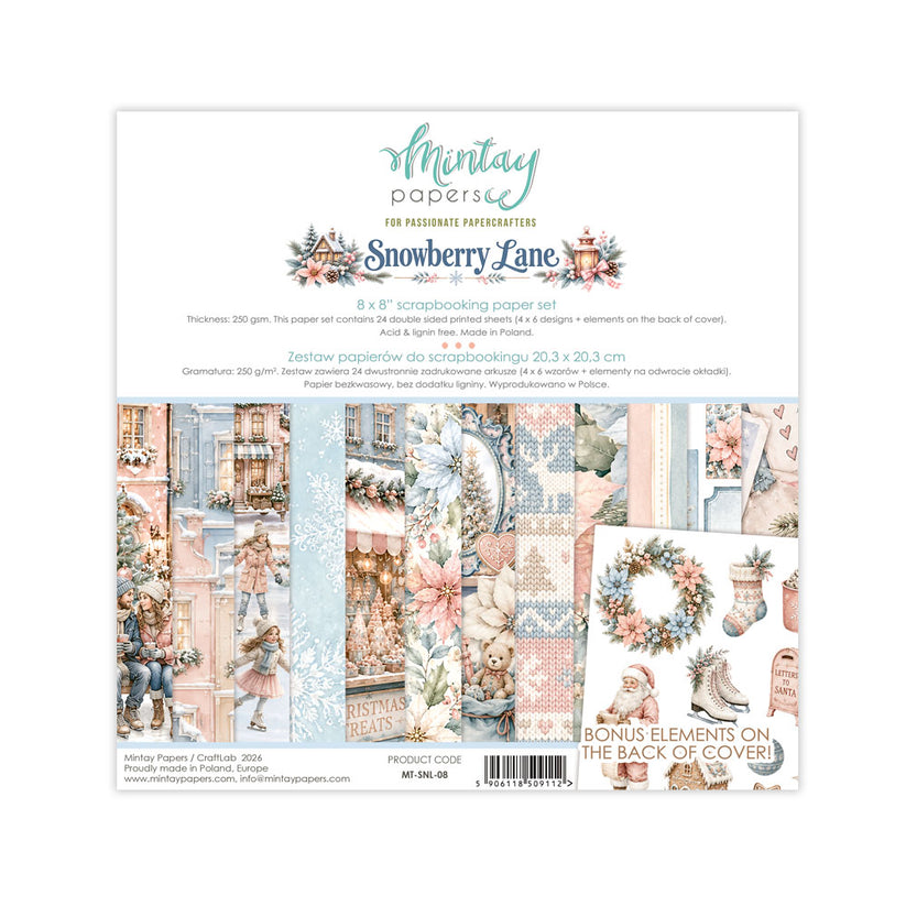 Mintay Snowberry Lane 8 x 8 scrapbooking paper set with pastel pink and blue Christmas village scenes, florals, wreaths and bonus cut-out elements.