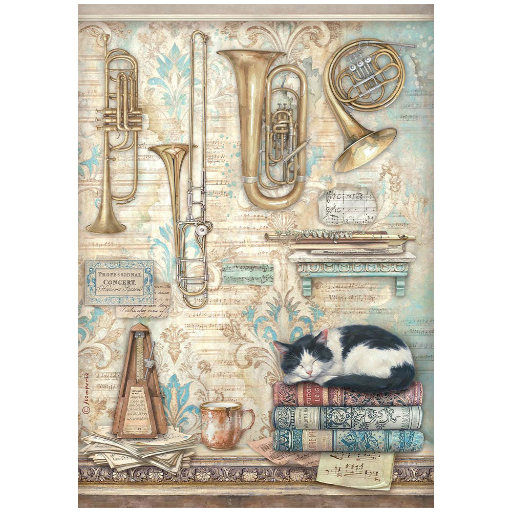 Stamperia Symphony Rice Paper A4 - Trumpets and Cat