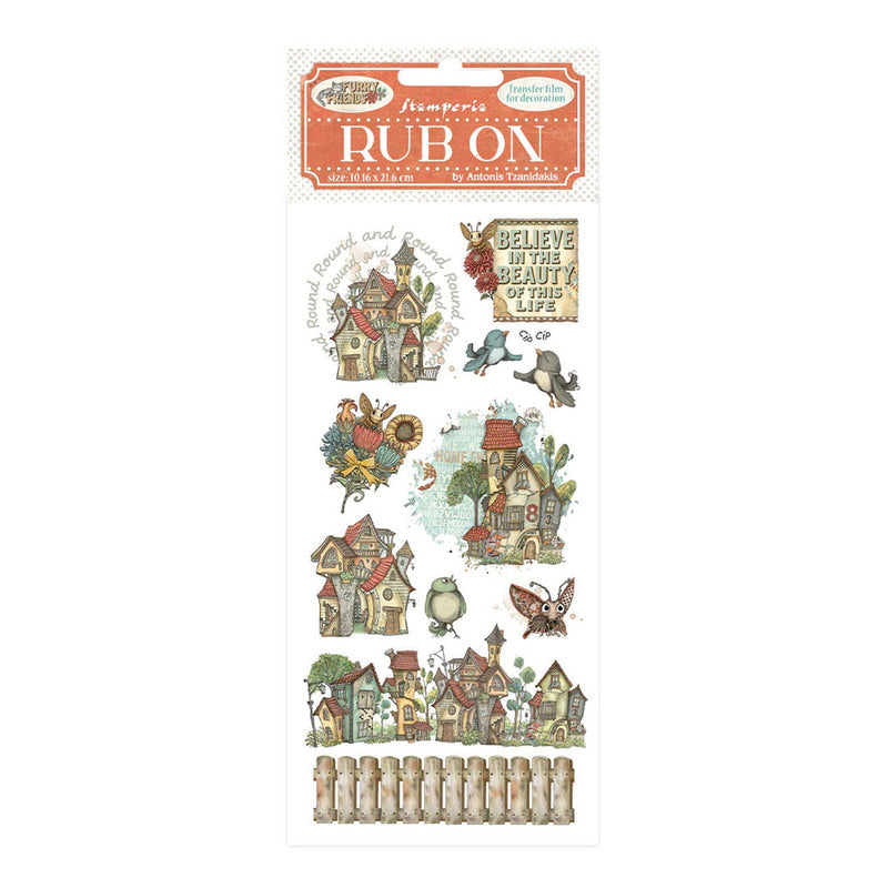 Stamperia Rub-On 4" x 8.5" - Furry Friends Houses