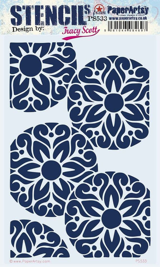 PaperArtsy Tracy Scott PS533 large stencil with repeating stylised flowers and decorative scroll motifs