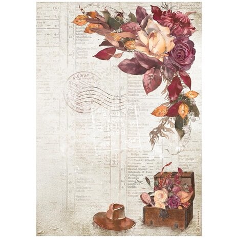 Stamperia Our Way A4 rice paper Chest and Hat design with flowers, a travel chest and a hat