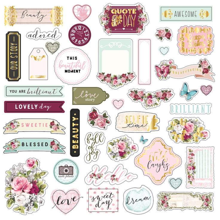 Prima ephemera and Stickers 70 pieces Misty Rose collection
