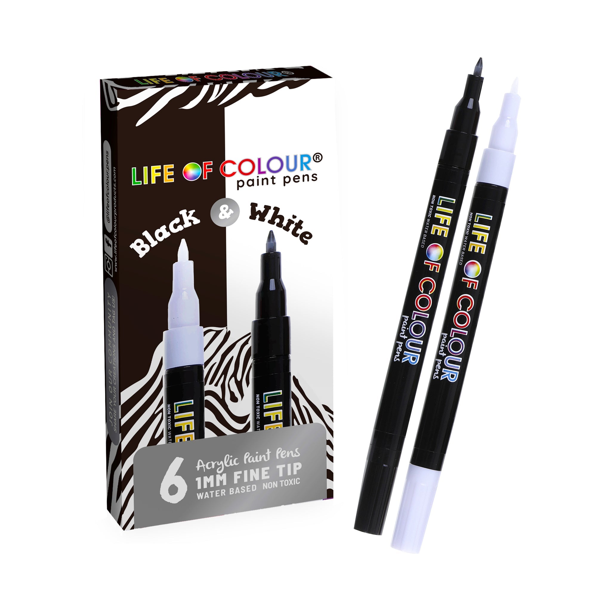 Life of Colour Paint Pens Black and White 1mm fine tip