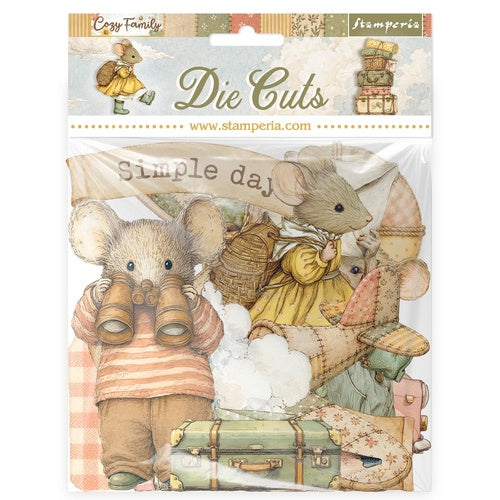 Stamperia Cozy Family die cuts with mouse characters, luggage and patchwork aeroplane