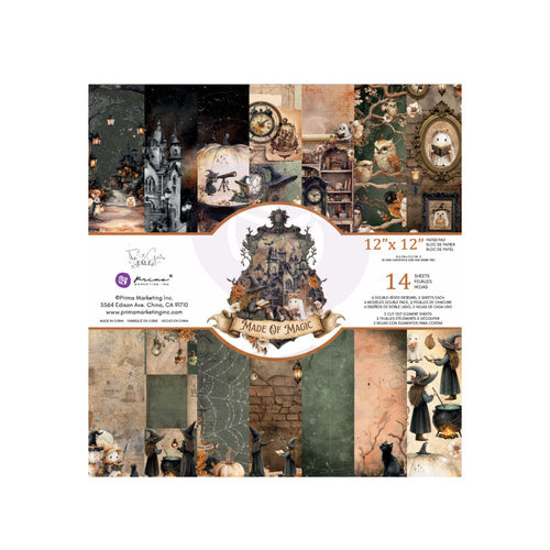 Prima Made of Magic 12 x 12 paper pad with 24 double-sided Halloween sheets featuring haunted houses, witches, cats and vintage magical designs