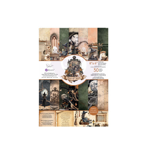 Prima Made of Magic 8 x 6 paper pad with 30 double-sided Halloween sheets featuring witches, black cats, skeletons and haunted interiors
