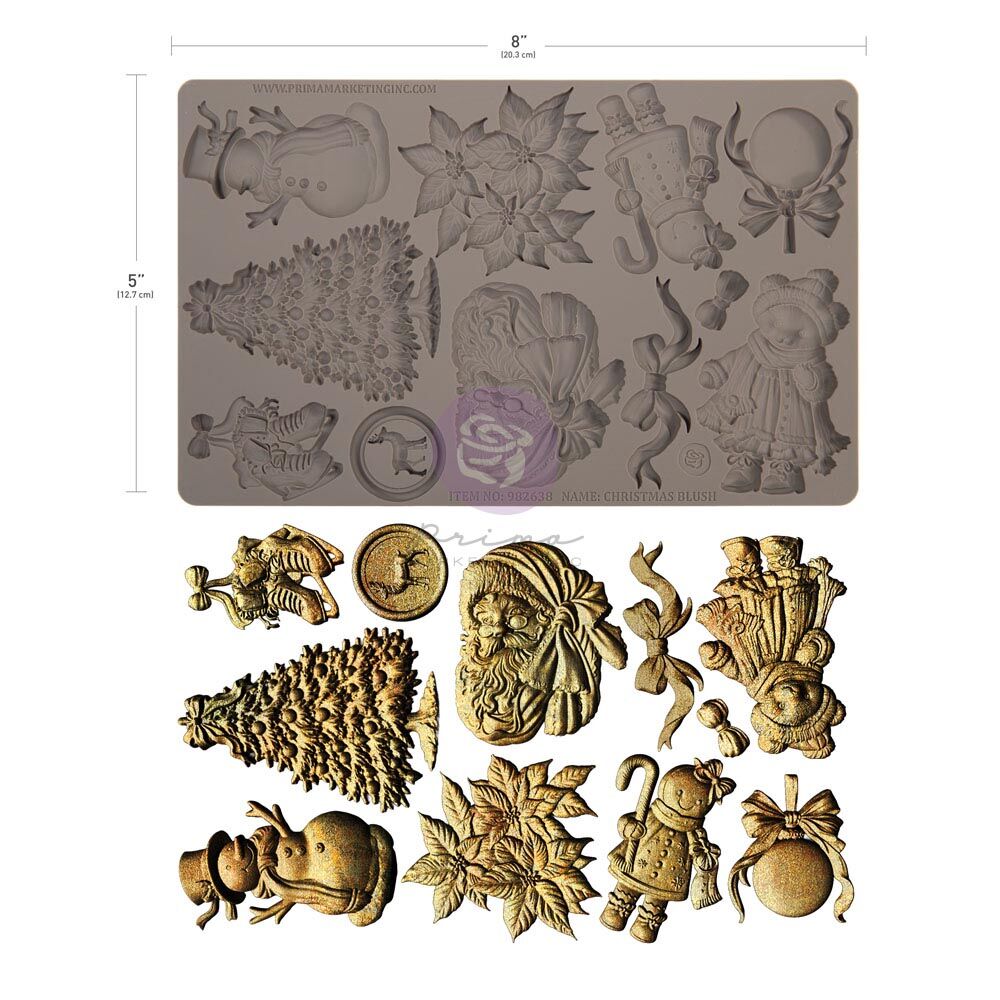 Prima Christmas Blush 5 by 8 inch silicone mould with Santa, snowmen, tree, poinsettias, skates, sweets, bows and ornaments