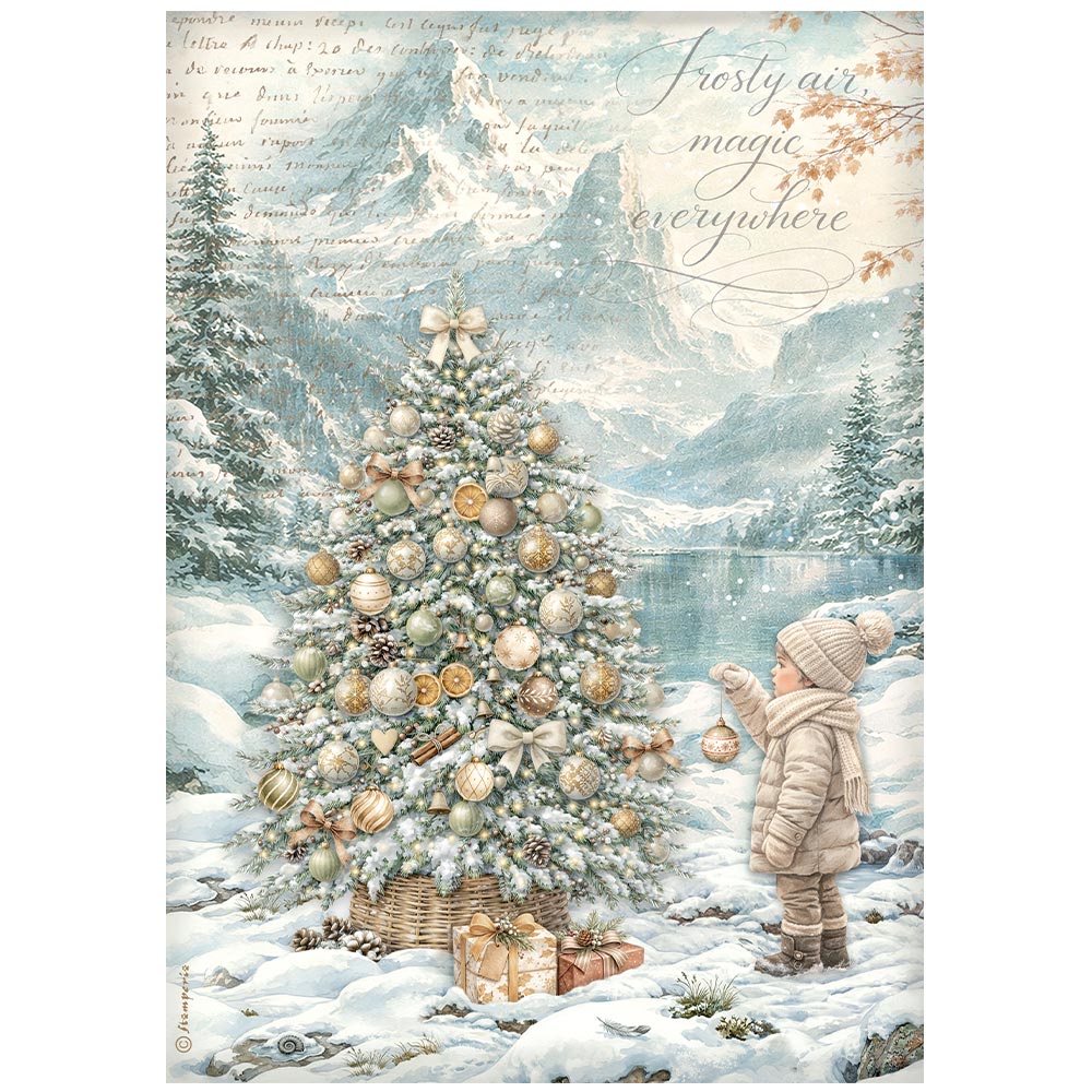Stamperia White Christmas A4 Rice Paper - Child & Christmas Tree
