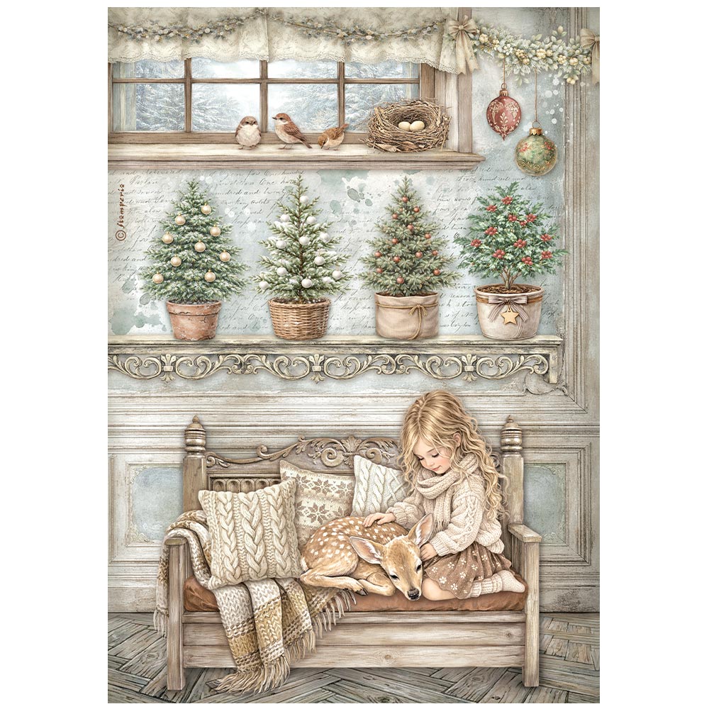 Stamperia White Christmas A4 Rice Paper - Girl & Fawn on Bench