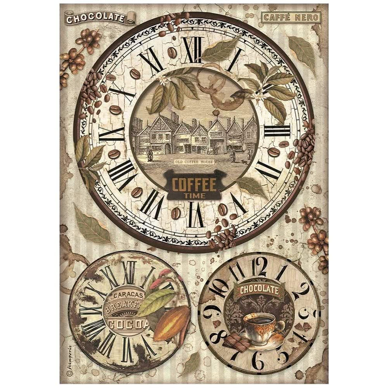 Stamperia Rice Paper Sheet A4 - Coffee And Chocolate - Clocks Save $2