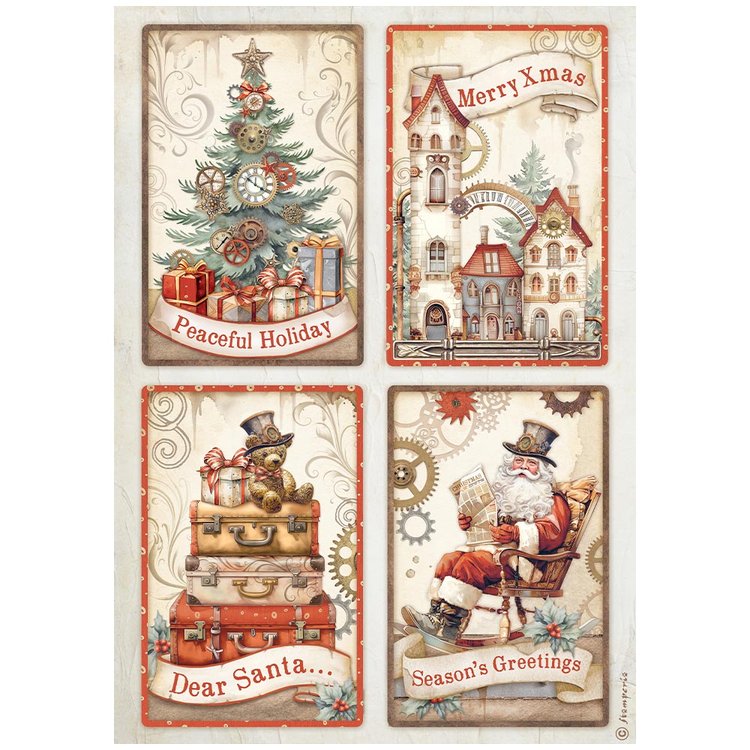 Stamperia - Gear Up for Christmas - A4 Rice Paper - 4 Cards