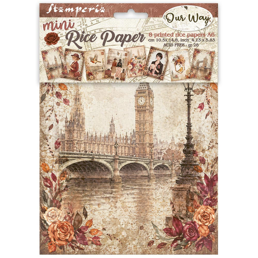Stamperia Our Way mini A6 rice paper with London and vintage travel-inspired artwork