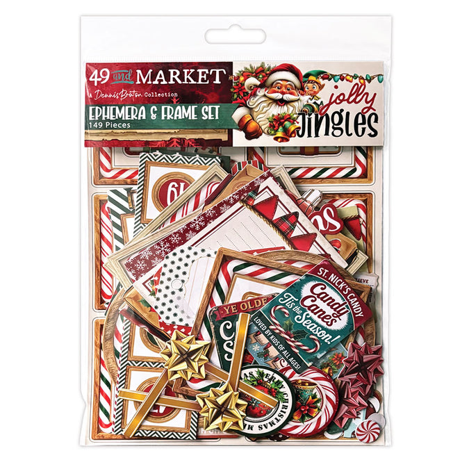 49 and Market Jolly Jingles 149-piece Ephemera and Frame Set with Christmas frames, festive labels, stars and peppermint designs
