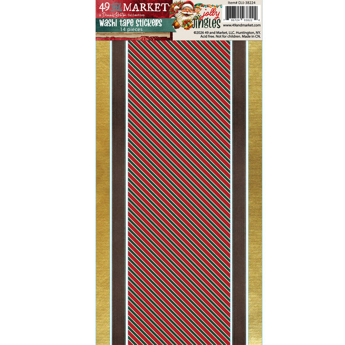 49 and Market Jolly Jingles 14-piece Washi Tape Stickers set with red and green diagonal stripes and coordinating dark and golden-toned designs