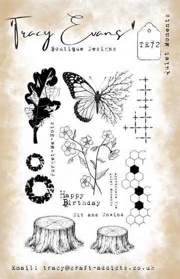 Tracy Evans Boutique Designs TE72 Quiet Moments stamp set with butterfly, oak leaf, flowering stem, tree stumps, textures and sentiments