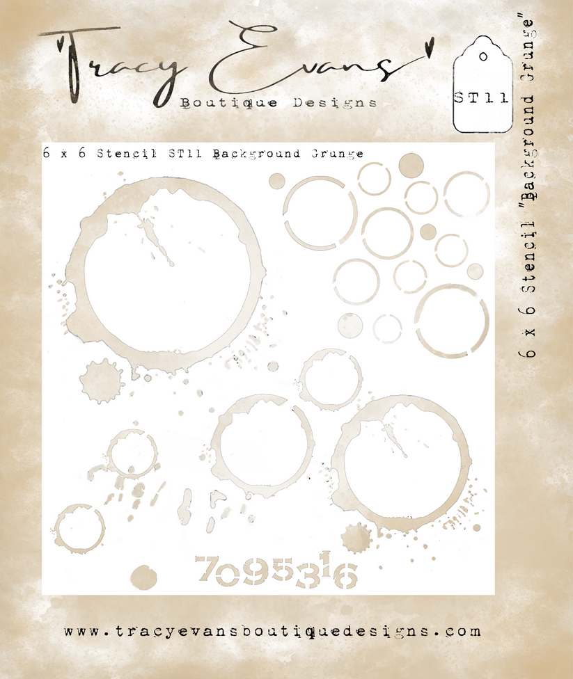Tracy Evans Boutique Designs ST11 Background Grunge 6 x 6 inch stencil with distressed rings, circles, splatter marks and numbers