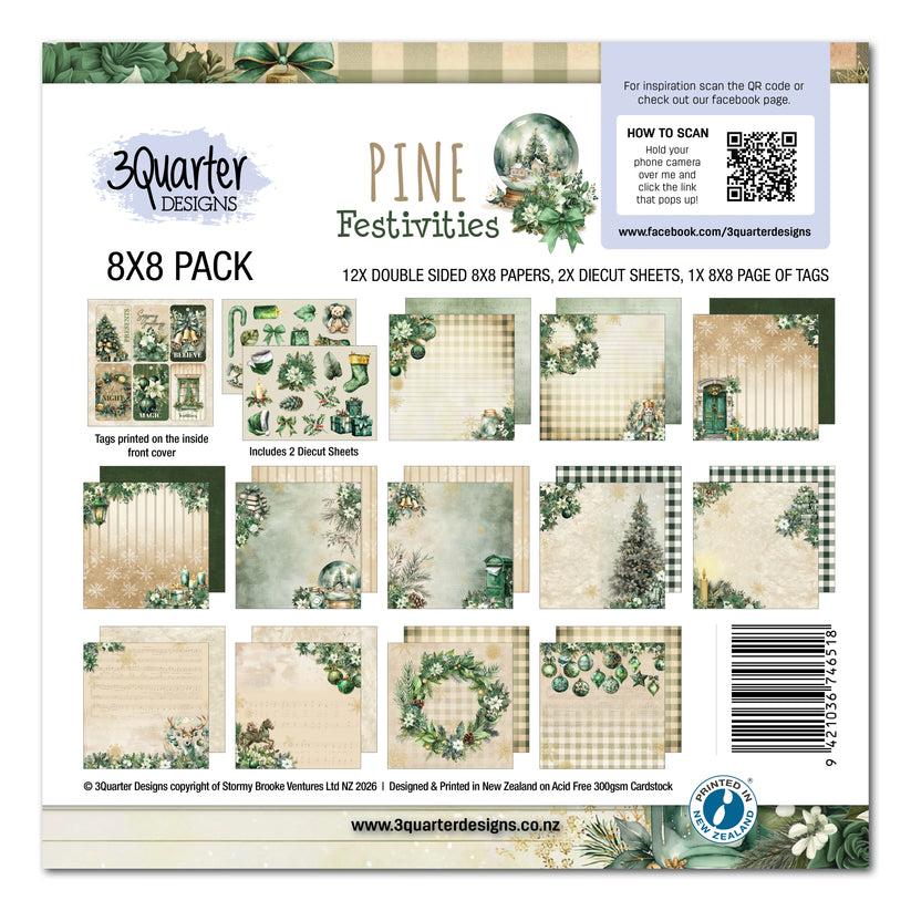3Quarter Designs Pine Festivities 8x8 Pack – back of packaging showing all 12 double-sided papers, diecut sheets and tags page