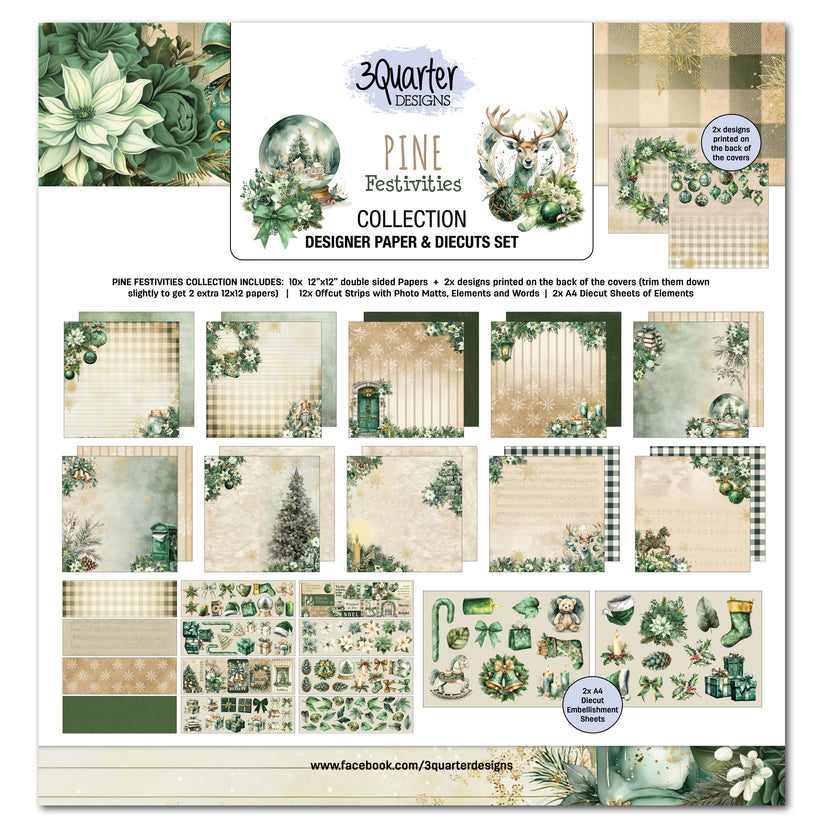 3Quarter Designs Pine Festivities 12x12 Designer Paper & Diecuts Set – showing all included papers, offcut strips and diecut embellishment sheets