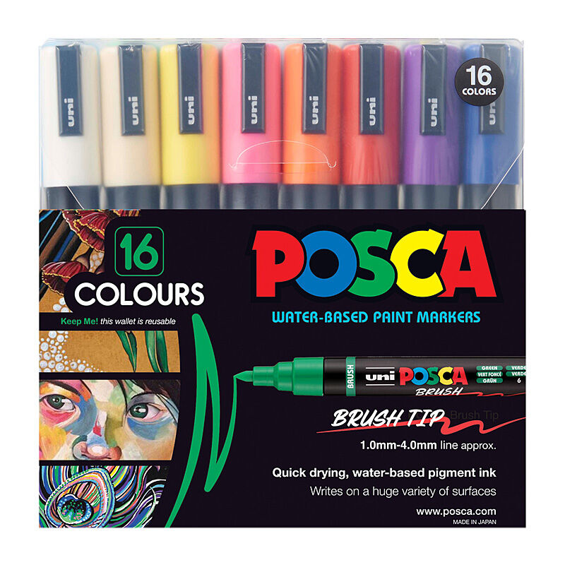 POSCA Brush Tip Paint Markers – 16 Colour Set
