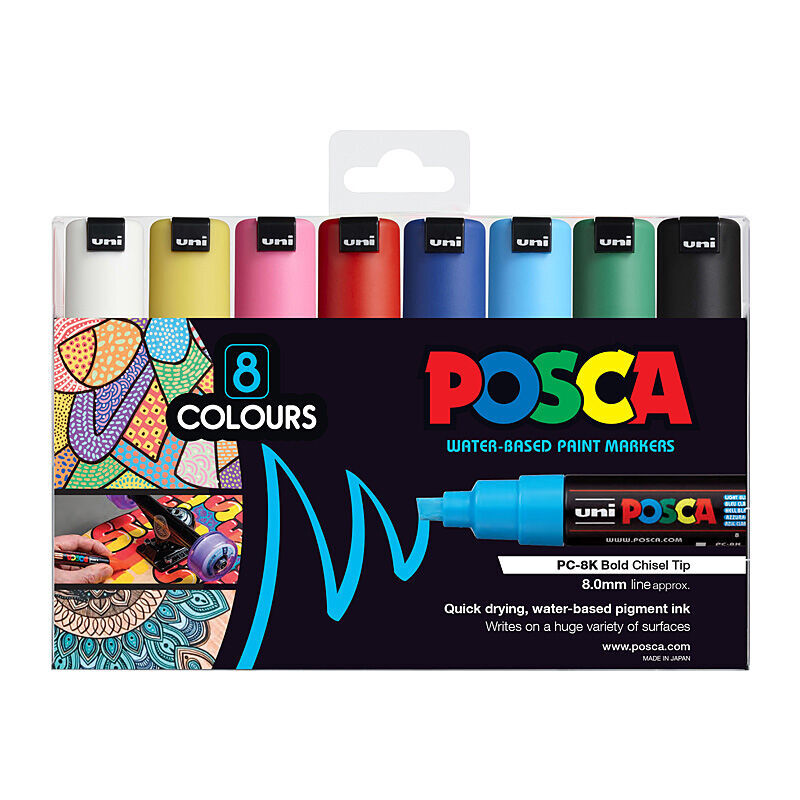 POSCA PC-8K Bold Chisel Tip Paint Markers – 8 Colour Set