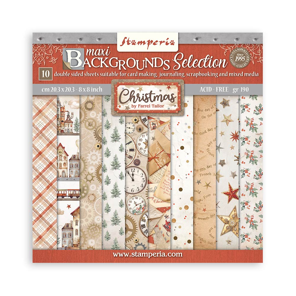 Stamperia Scrapbooking Pad 10 Sheets 12" x 12" Maxi Background Selection - Gear Up for Christmas