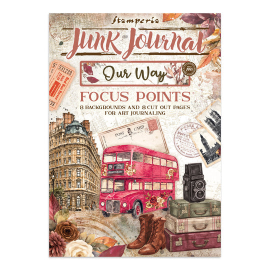 Stamperia Junk Journal Our Way Focus Points with travel-inspired backgrounds and cut-out pages for art journaling