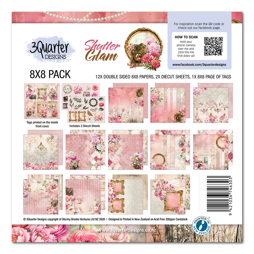 3Quarter Designs Shutter Glam 8x8 Paper Pack – back of packaging showing all included papers and diecut sheets