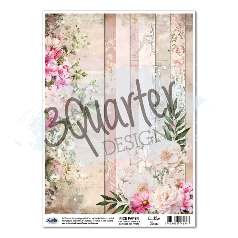 3Quarter Designs Shutter Glam A4 Japanese Rice Paper – blush floral design with peonies and botanical details