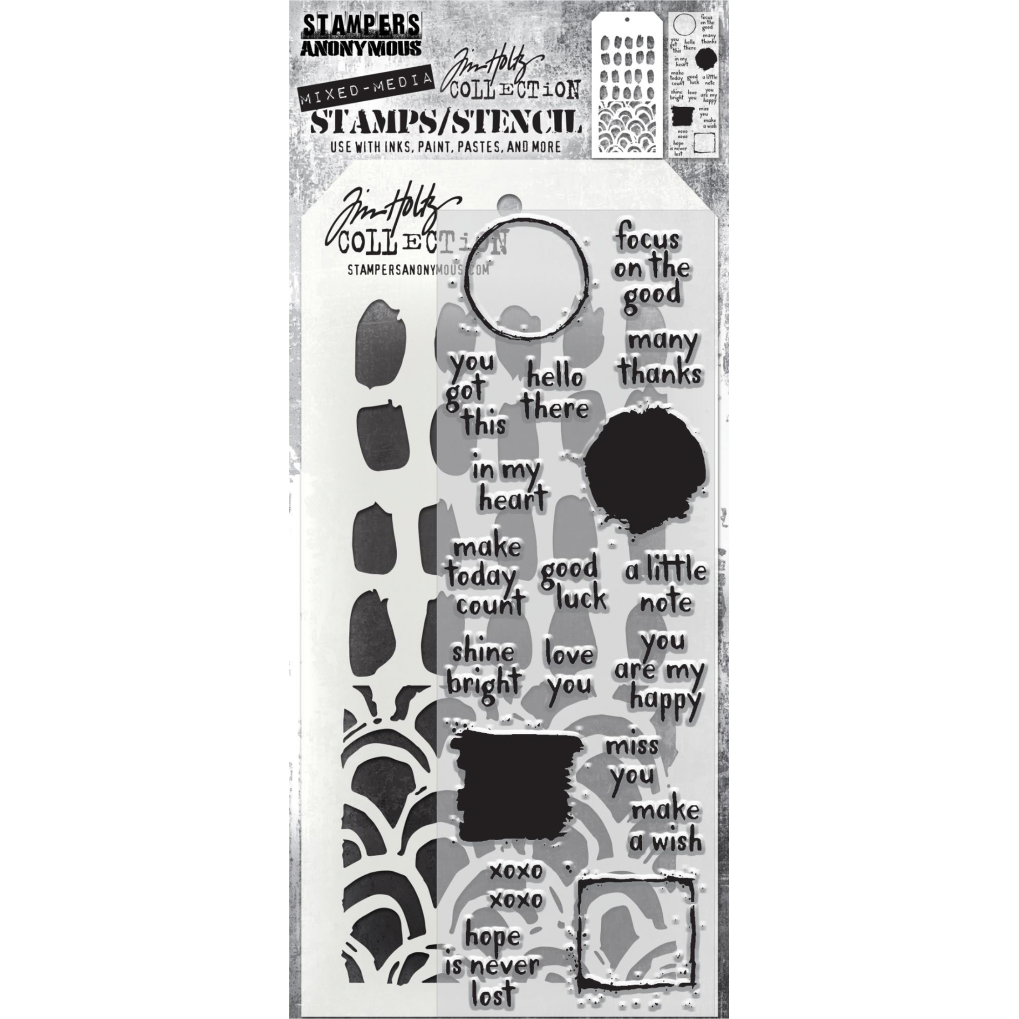 Tim Holtz Clear Stamps and Stencil -Stencil Note Quotes, Brush Mark and Brush Arch