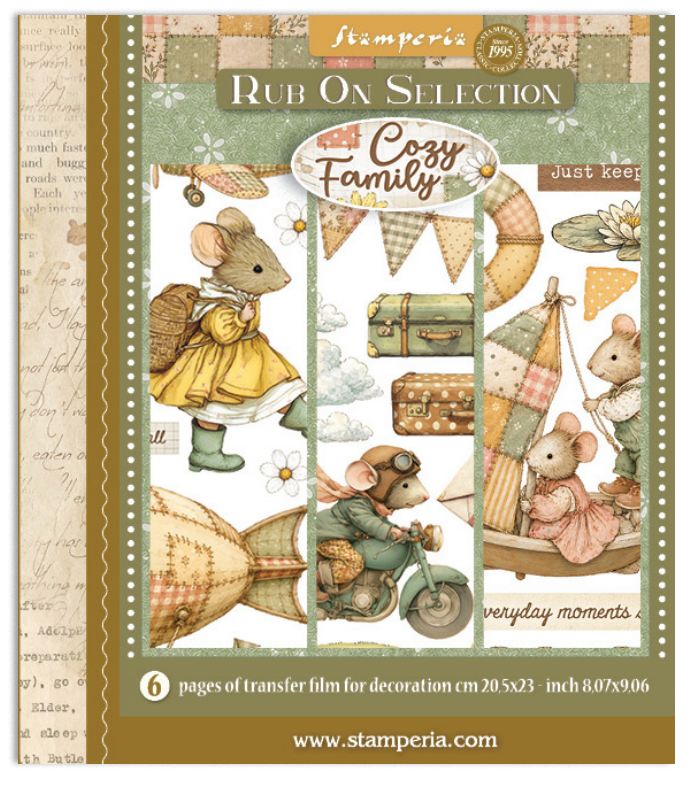 Stamperia Cozy Family Rub On Selection with six pages of decorative transfer film