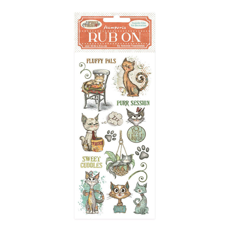 Stamperia Rub-On 4" x 8.5" - Furry Friends Cat