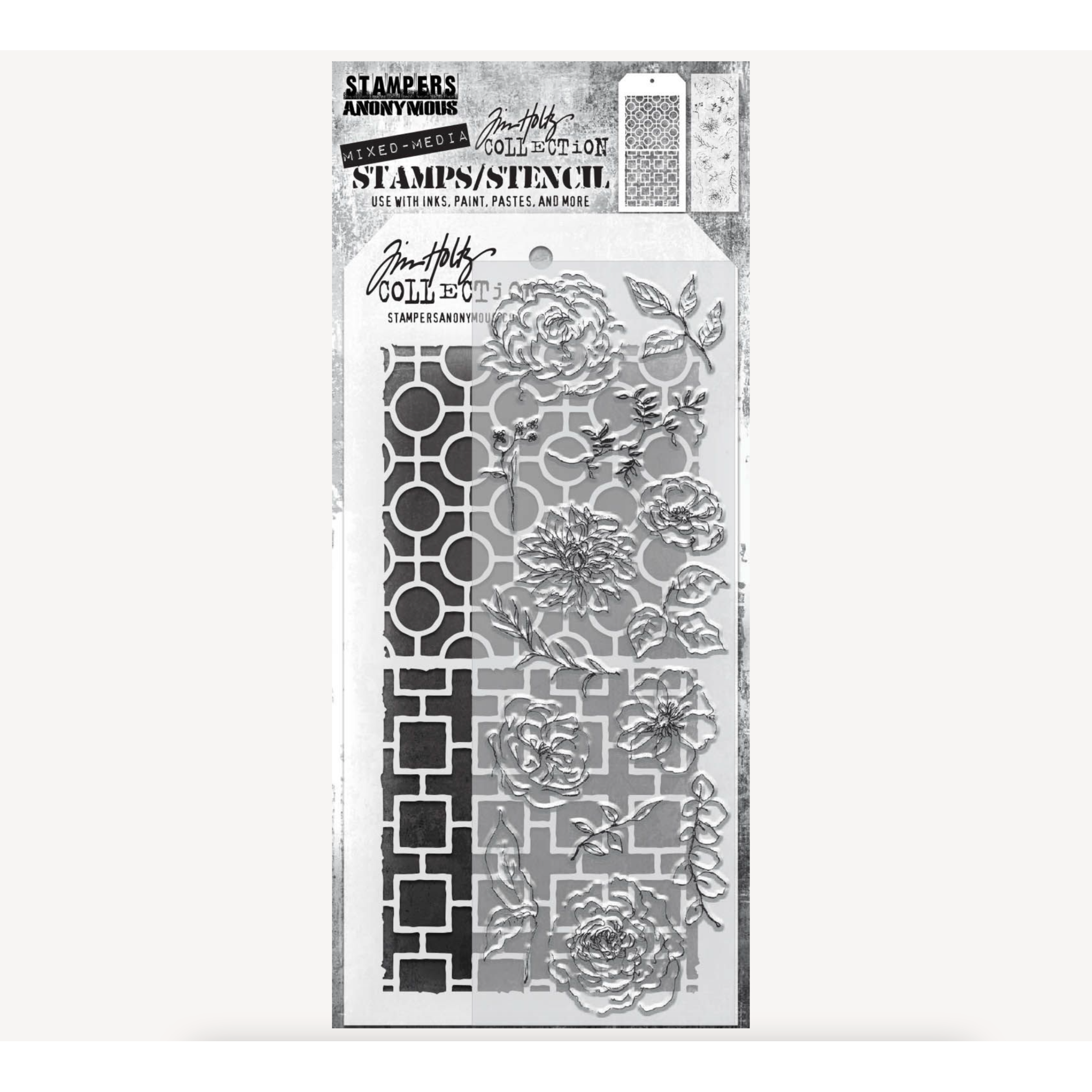 Tim Holtz Clear Stamps and Stencil Floral Elements, Linked Circles and Linked Squares