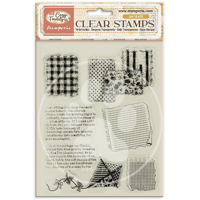 Stamperia Cozy Family clear stamp set with patchwork, journalling, paper and kite designs WTK249