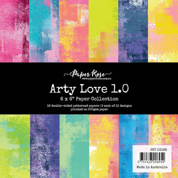 Paper Rose Arty Love 1.0 paper collection cover showing bright pink, turquoise, lime, yellow and blue painterly patterns
