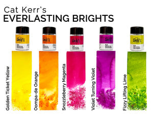 Cat Kerr's Everlasting Brights 5 Colour Ink Set — Golden Ticket Yellow, Oompa-de Orange, Snozzleberry Magenta, Violet Turning Violet, Fizzy Lifting Lime