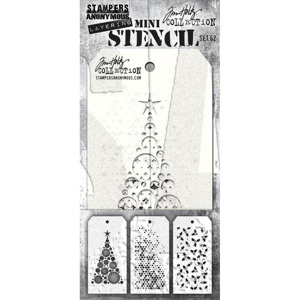 Tim Holtz Layering Mini Stencil - Set 62 - Modern Tree Sparkle Fade Tiny Holly