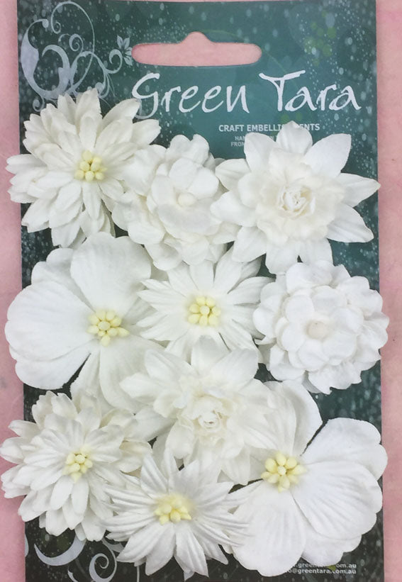 Green Tara Corn flower Paper flowers White